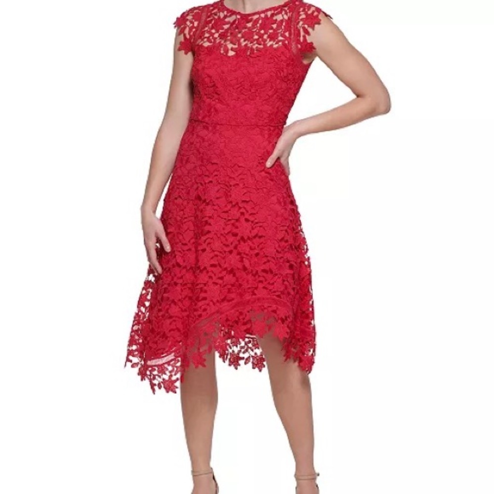 Eliza J Red Lace Asymmetrical-Hem Midi Dress